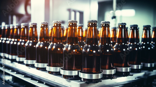 Brewery  bottling beer in glass bottles on conveyor lines. Industrial work  automated modern food and beverage production. AI Generative