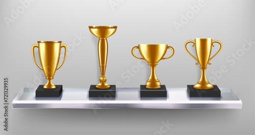 Golden cup awards on shelf. Trophies gallery of honor, gold prizes and success achievements vector illustration
