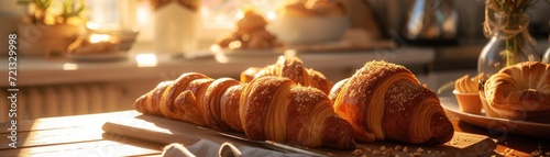 Morning light streaming onto a table set with a variety of gourmet pastries, including chocolate croissants and almond bear claws photo