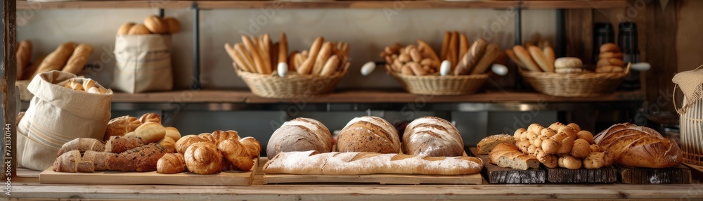 Rustic bakery setting with a wooden shelf displaying a variety of breads and pastries, with a focus on textures and natural colors