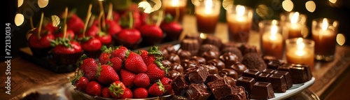 Romantic display of chocolate desserts, including chocolate-covered strawberries and decadent fondue, candlelit ambiance