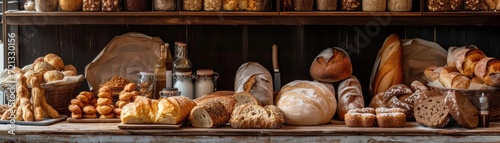Rustic bakery setting with a wooden shelf displaying a variety of breads and pastries, with a focus on textures and natural colors