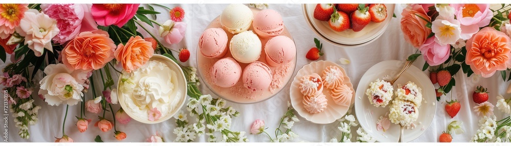 Spring garden party setting with floral-infused ice creams and light, airy seasonal desserts, surrounded by blooming flowers