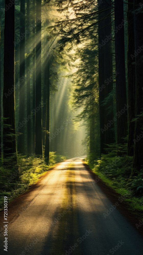Fototapeta premium An image of a beautiful road in the forest with sunbeams