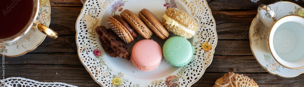 Variety of artisanal cookies, including macarons and biscotti, presented on a vintage plate with a lace doily, high tea setting