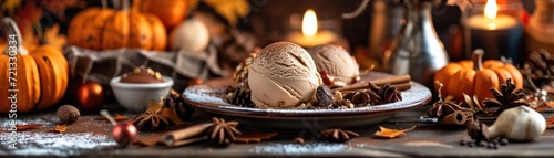 Thanksgiving dessert scene with pumpkin spice ice cream and autumn-themed treats, warm and inviting setting