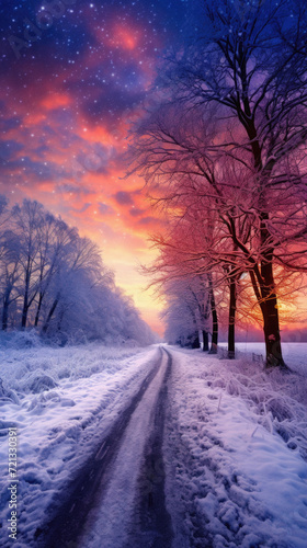 Beautiful winter landscape with snow covered trees and road at sunset . © Art AI Gallery