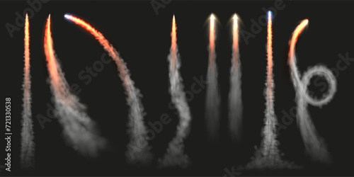 Rocket launch smoke tracks. Dynamic jet fly trails, plane engine cloud trace and flying rocket Fire track isolated vector illustration set