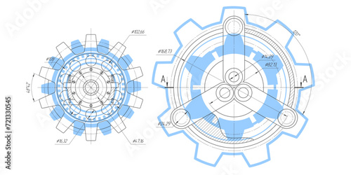 Technical drawing of gears .Rotating mechanism of round parts .Machine technology. Vector illustration.