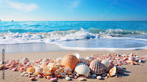 Seashells on sandy beach near sea. Summer vacation background