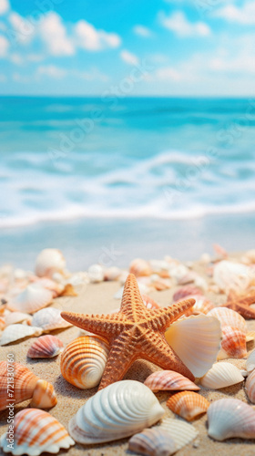 Starfish and seashells on sandy beach with blue sea background