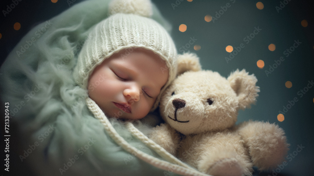 Newborn baby boy sleeping with teddy bear on christmas background