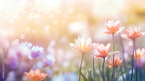 sunlight on Easter flowers, abstract blank blurred spring background, beauty in nature concept, copy space - generative ai