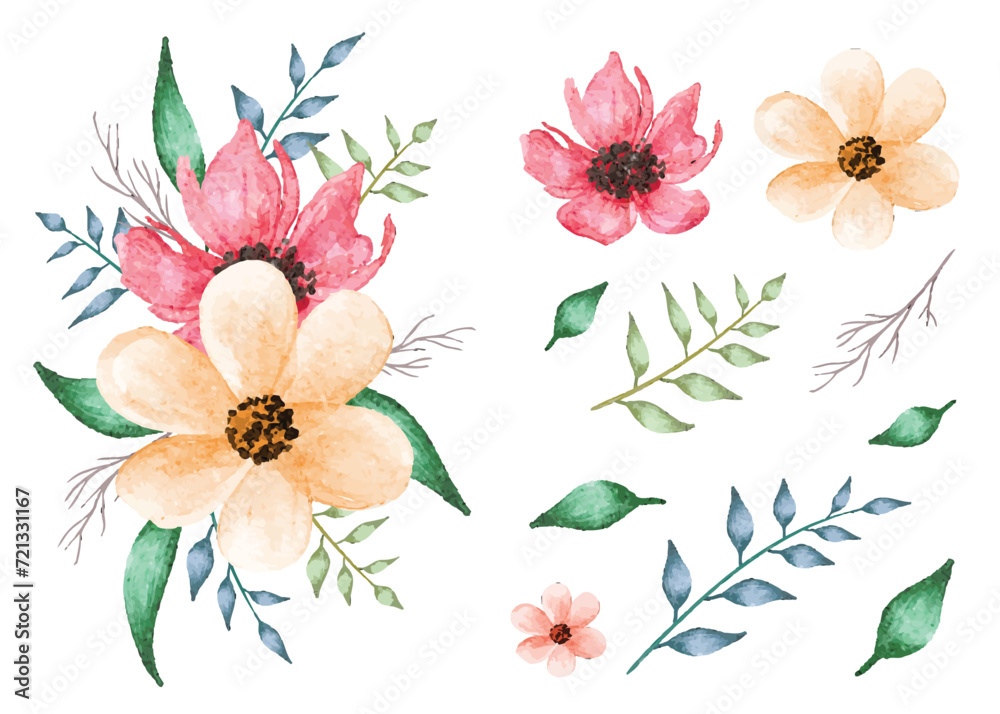 Watercolor spring natural flowers set with leaves on isolated background