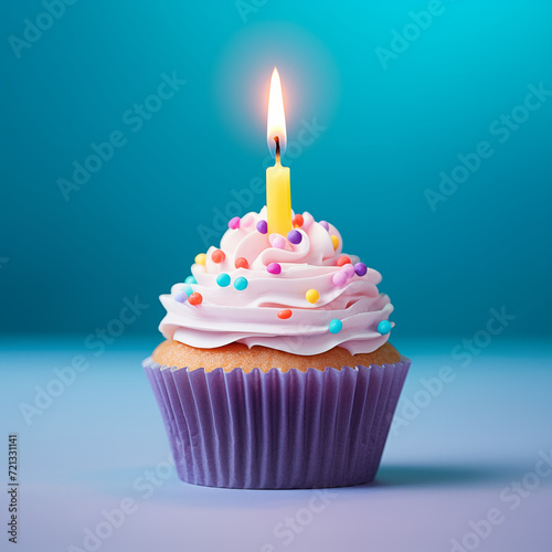 Single cute birthday cupcake with candle 