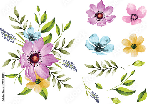 Beautiful bouquet of isolated flowers and leaves in watercolor painting style