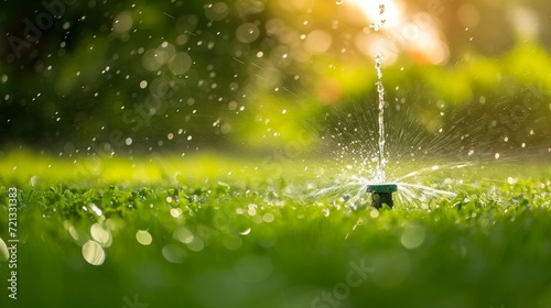 Automatic garden lawn sprinkler in action watering grass