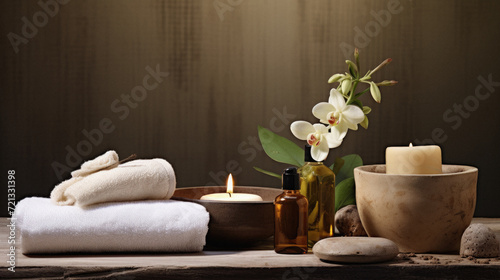 Spa still life with orchids, candles and towels on wooden background