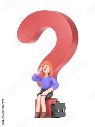 3D illustration of European businesswoman Ellen puzzled and contemplating. 3D illustration uncertainty concept, Thinking, Questions, Flat cartoon character design. 