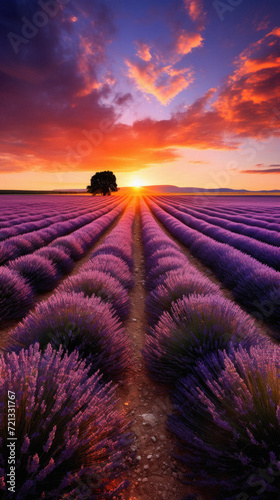 Sunset over lavender field in Provence  France .