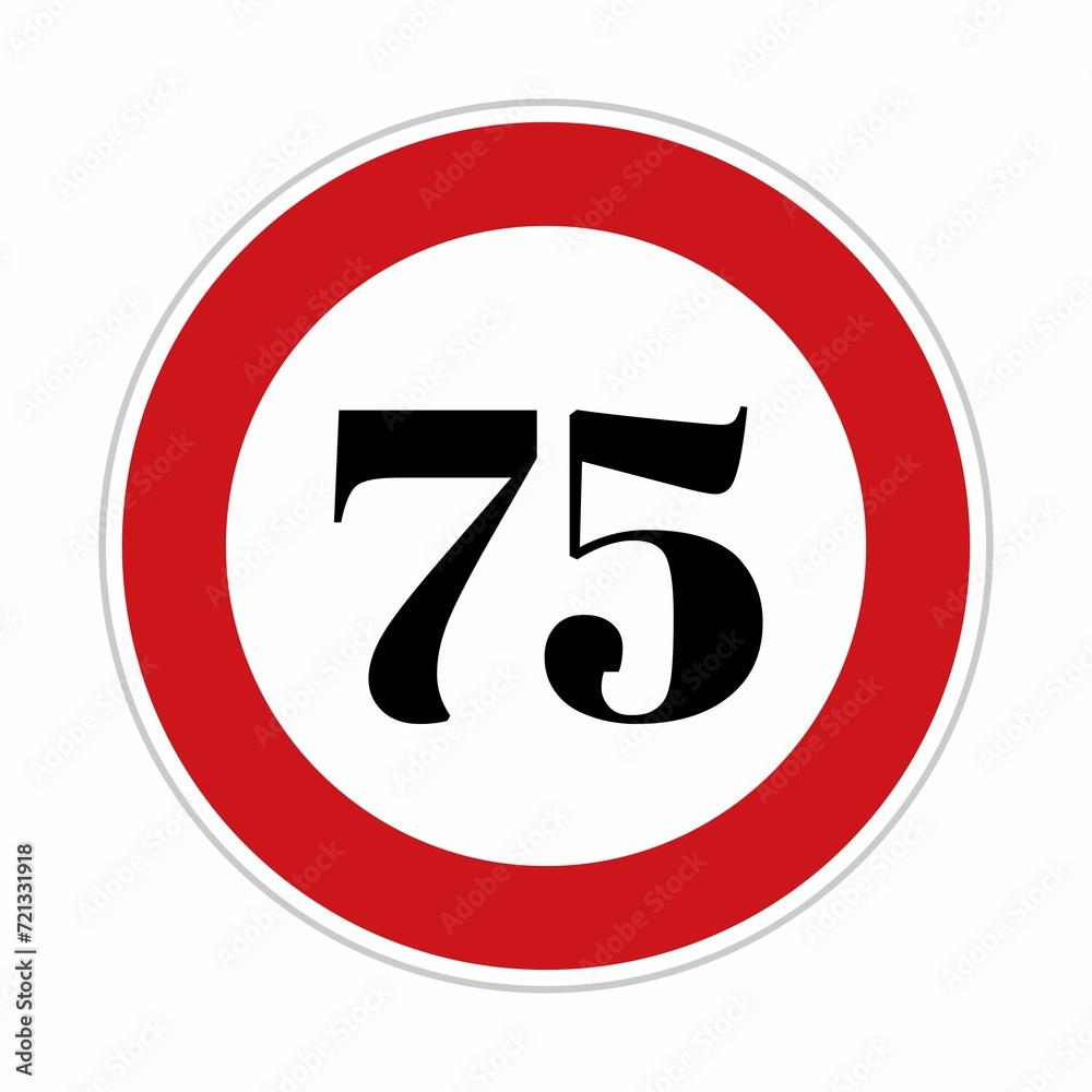75 kmph or mph speed limit sign icon. Road side speed indicator safety element. Seventy five speed sign flat isolated on white background 75 kmph or mph speed limit sign icon. Road side speed indicator safety element. Seventy five speed sign flat isolated on white background