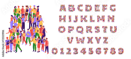 Creative top view crowd font. Isometric people alphabet letters and numbers, society typography and community text vector set