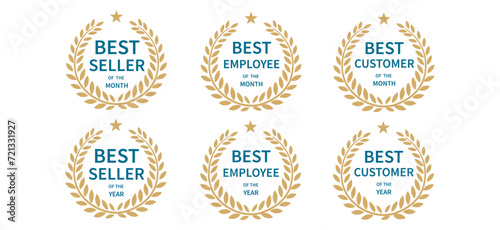 set of badges of best seller, best employee, best customer for month and year