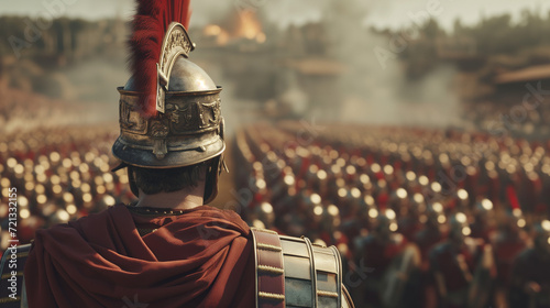 Back view of Roman centurion with roman soldiers army,  Historical character in golden armor photo