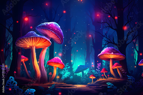 Magical forest with glowing mushrooms background