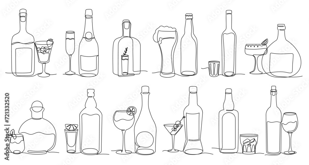 Continuous one line alcohol drinks. Minimalist alcohol bottles and glasses, bar beverages isolated vector illustration set Continuous one line alcohol drinks. Minimalist alcohol bottles and glasses, bar beverages isolated vector illustration set