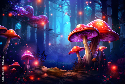 Magical forest with glowing mushrooms background