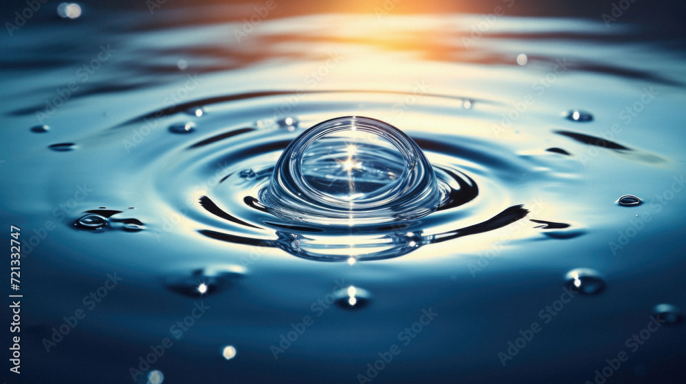Water drop close up with ripples and waves. Abstract background .