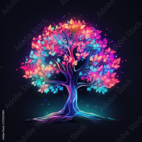 Colorful tree in night, tree leaves in vibrant bold gradient holographic neon colors. Concept art.