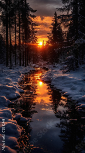 Beautiful sunset in the winter forest. The sun is reflected in the water .