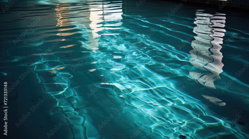 Swimming pool with blue water reflections and sun reflection on water surface