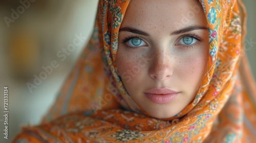 Girl in Headscarf Deep in Thought, Warm Beige Background Generative AI