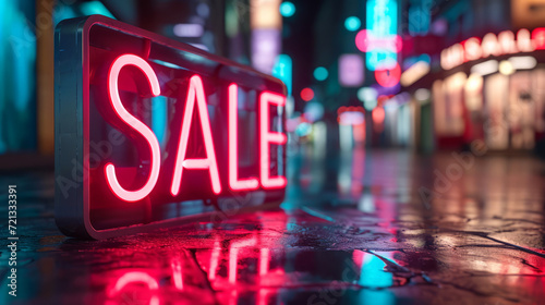 Glowing neon Sale sign on wet city street at night, urban shopping promotion