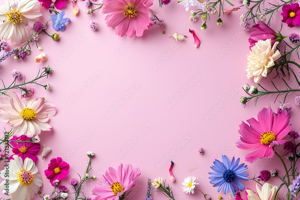 Colorful flowers in frame on pastel pink background, perfect for greeting cards for holidays and special occasions.