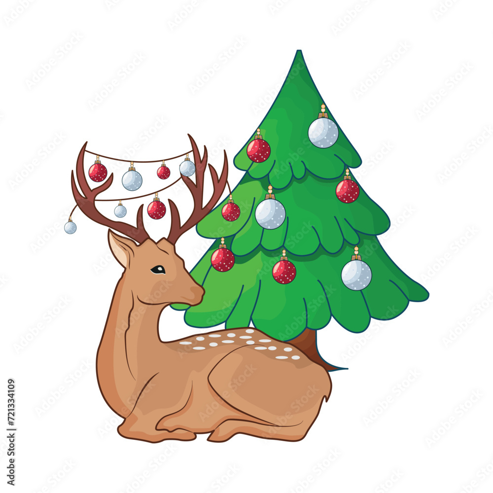 deer with christmas tree illustration