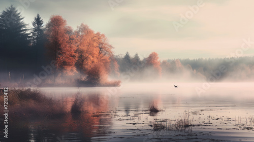 Lake fog sunrise with Autumn foliage and mountains