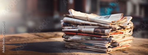 Stack of newspapers on a wooden table in the old city, panorama photo