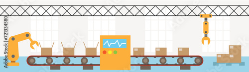 Robots Working at Parcel Sorting Facility. Factory production and conveyor belt concept vector