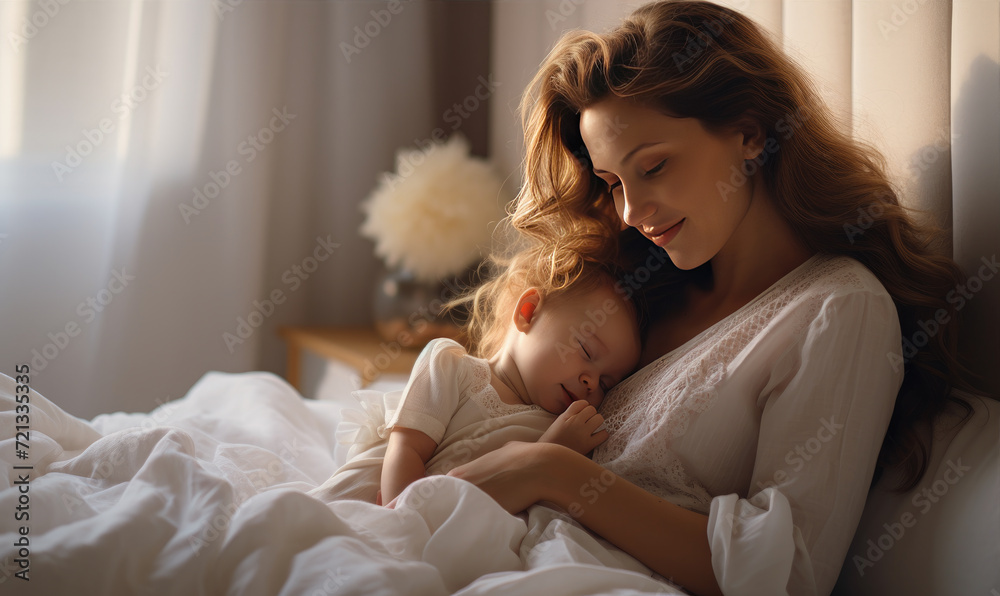 Beautiful young mom and her cute baby in bed Beautiful young mom and her cute baby in bed