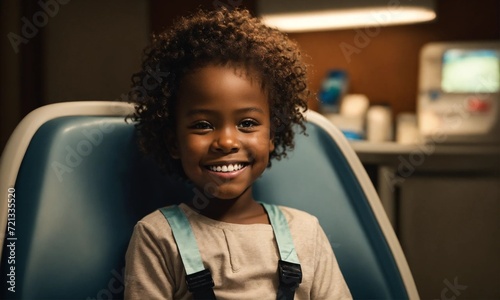 A smiling african american kid sitting in a dental chair at the dentist, teeth cleaning and examination concept, beautiful white teeth smile, young girl checkup
