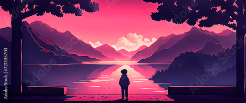 Silhouette of a boy watching the pink sunset over the lake valley. Lofi anime manga style. Panoramic view. Serene sunset in cartoon style. Trendy design. photo