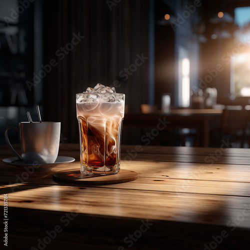 Arctic Brew Bliss  Creamy Espresso and Coffee Beans on a Weathered Wooden Surface Cool Delight Set Against a Dark Backdrop with Ample Space for Personalized Text Elegant Cold Coffee Presentation with 