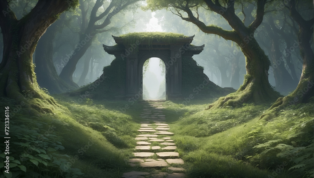 Gate of an old ruin leading to a misty forest