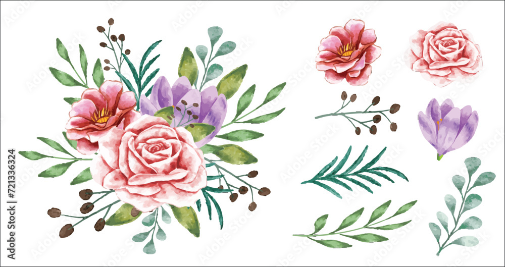 Floral bouquet with isolated flowers and leaves watercolor painting vector design