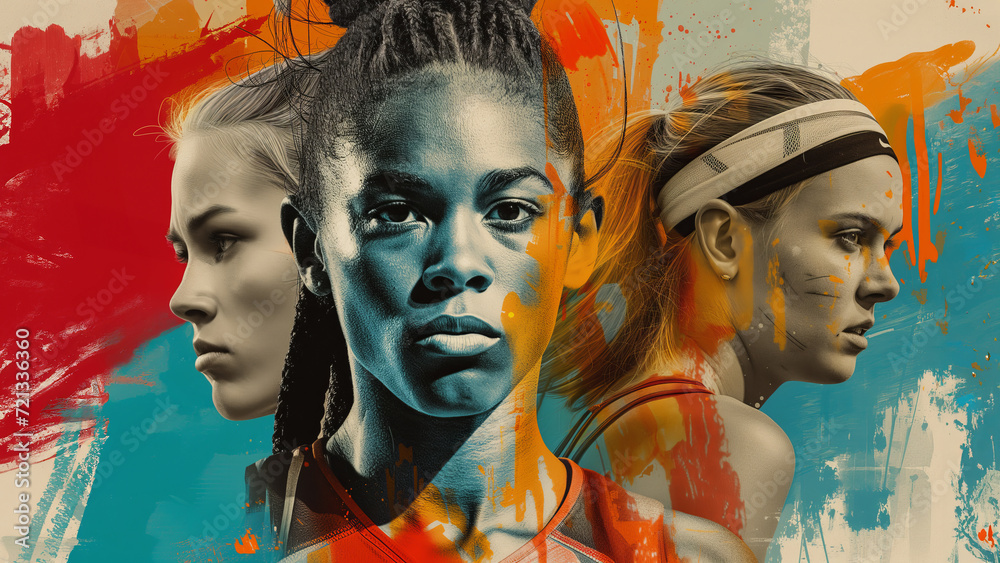 Fototapeta premium Portraits of diverse female athletes with intense expressions, depicted in a bold abstract art style with dynamic colorful splashes. 