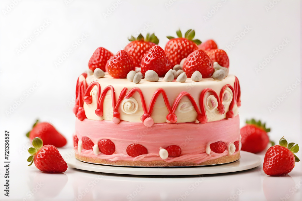 Sweet Cake with strawberries for Birthday Party isolated on white background Sweet Cake with strawberries for Birthday Party isolated on white background